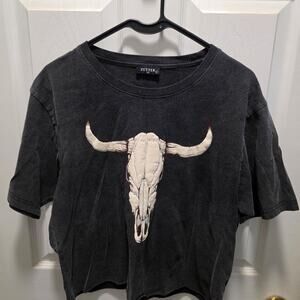 Zutter Charcoal Gray Bull Skull Graphic Crop Top T-Shirt Women's Large